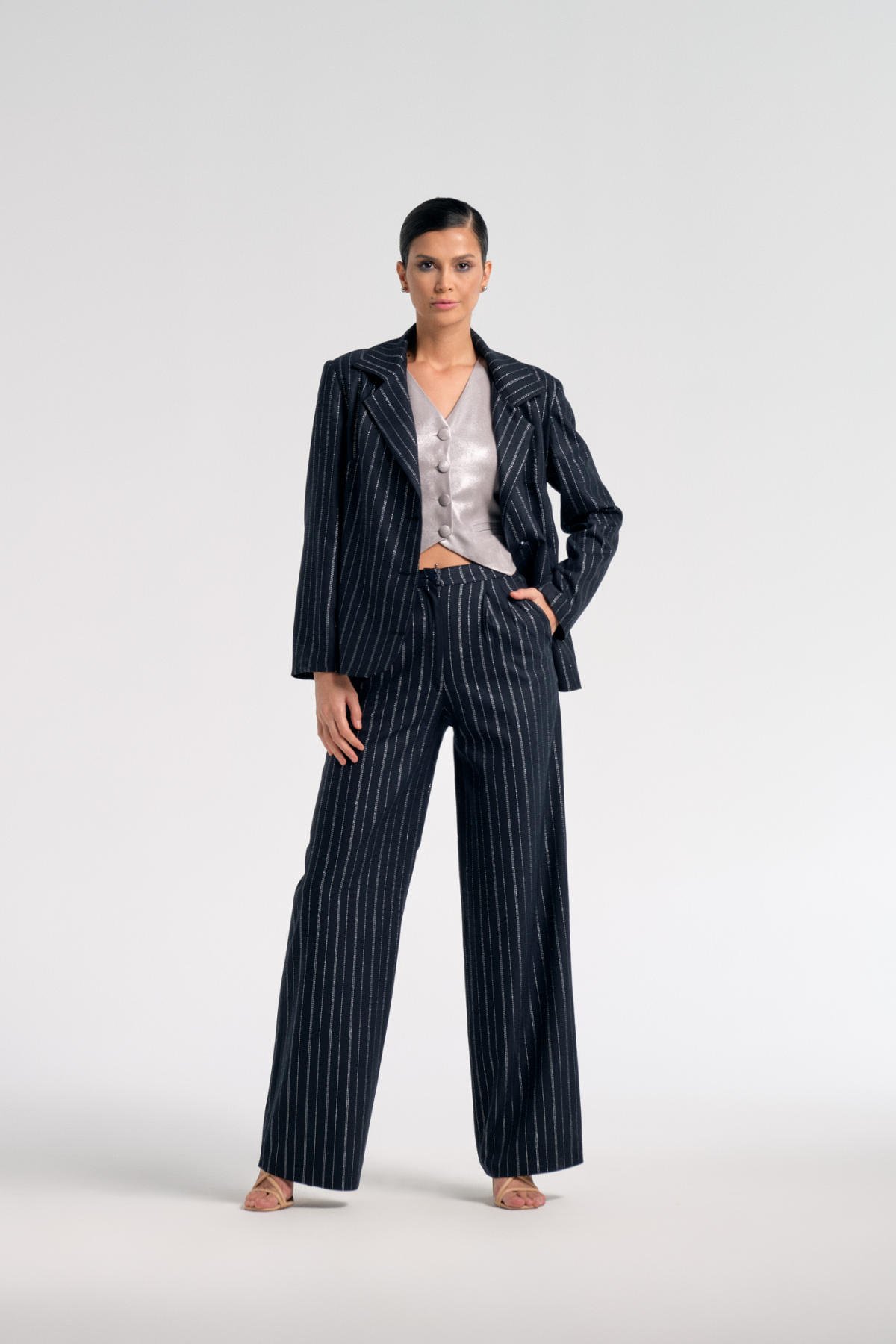 Tün, Lacivert Simli Palazzo Pantolon, Ceket, Yelek Takım