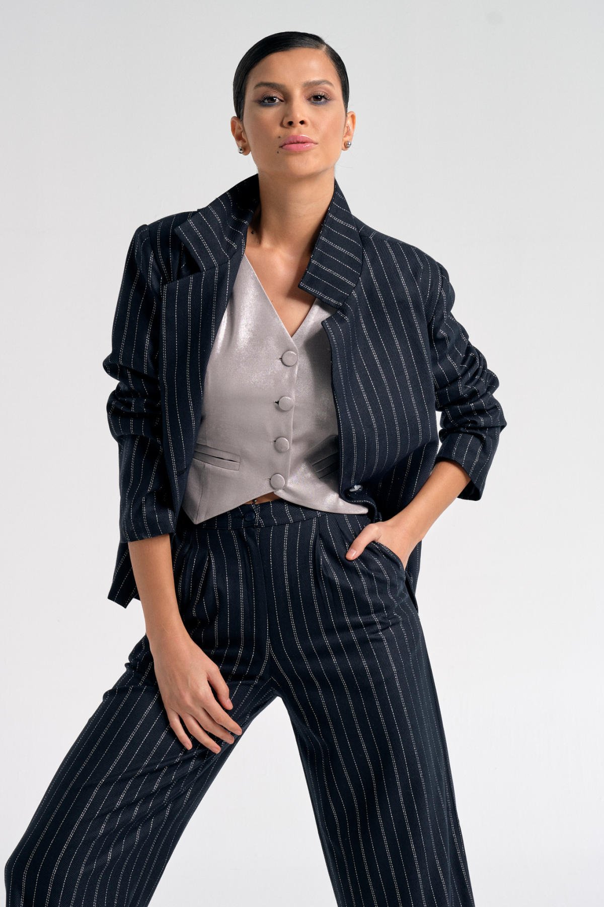 Tün, Lacivert Simli Palazzo Pantolon, Ceket, Yelek Takım