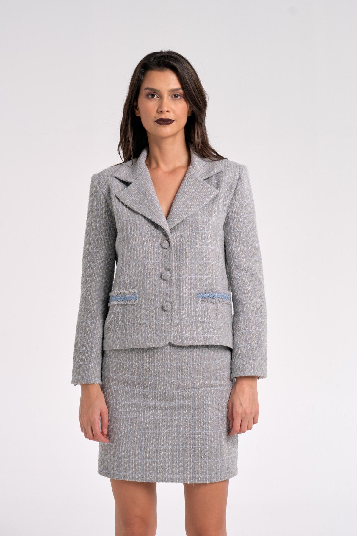 Mini Gri Tüvit Etek Ceket Takım