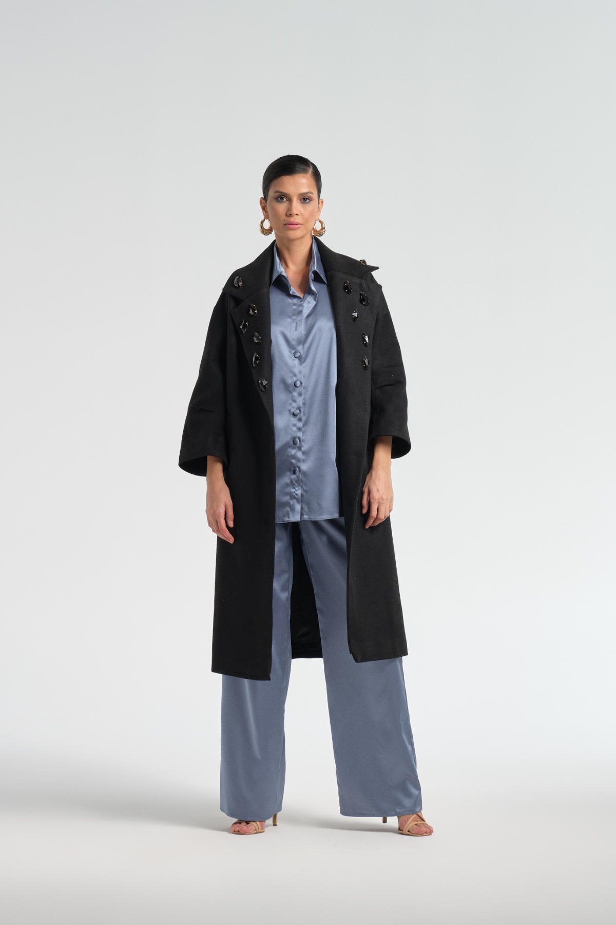 Nera, Siyah Taşlı Kaşe Kaban