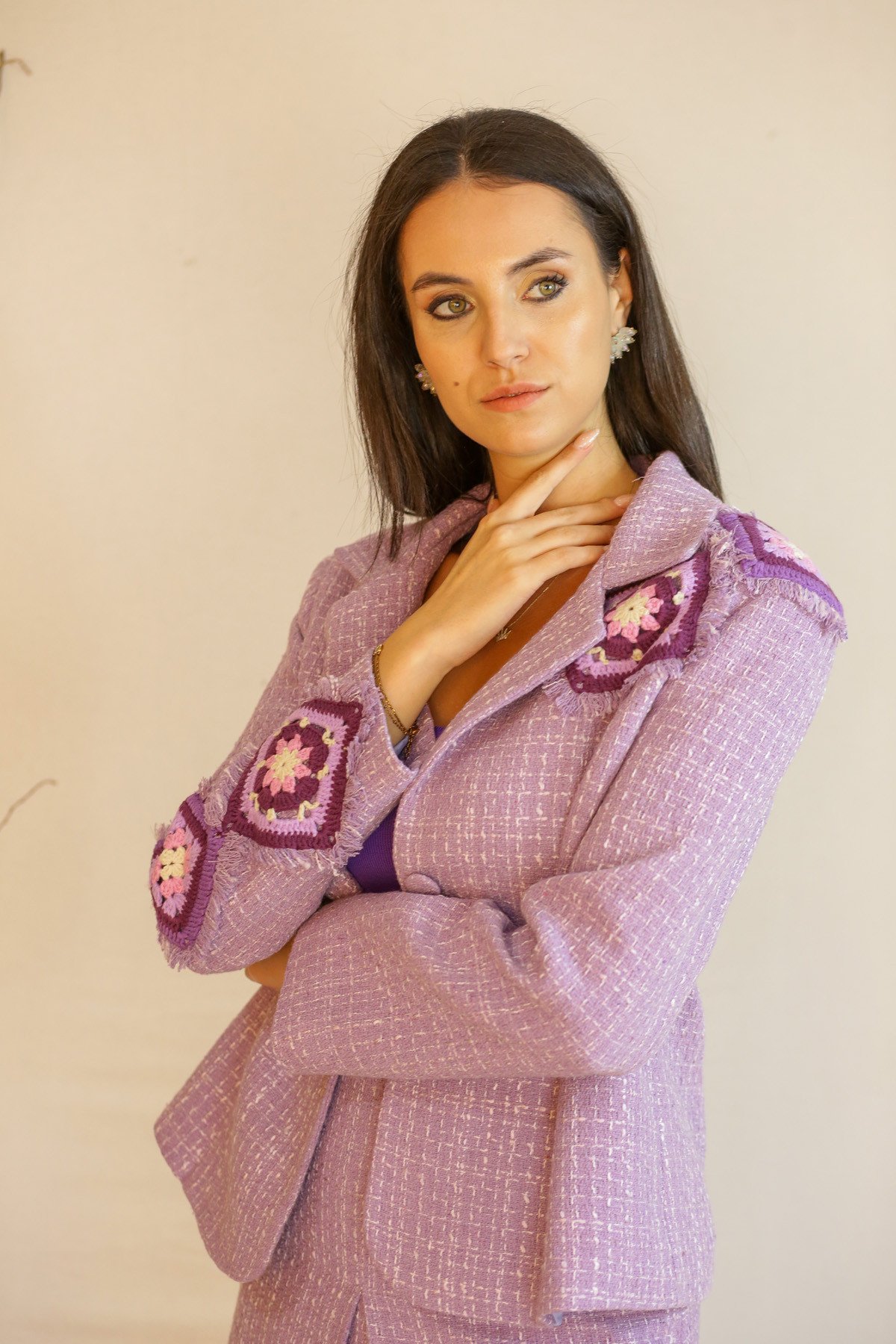 Motif Detaylı Tüvid Ceket Etek Takım